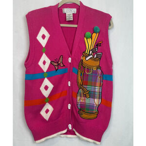 Vintage Lizi Ruch Golf Novelty Sweater Vest, 3D Applique, Pink, M
